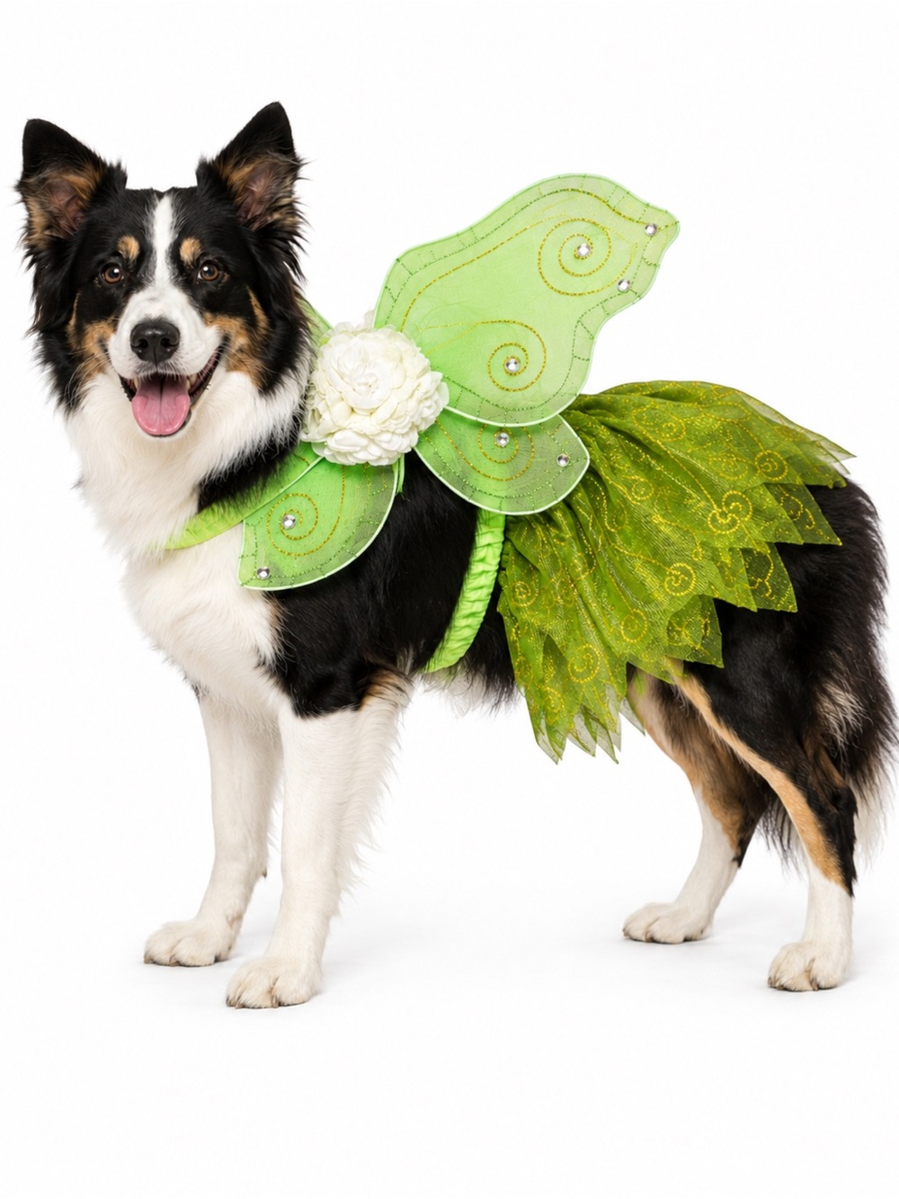 Fairy Dog Costume Green Tutu Dress Wings Flower Crown Size L